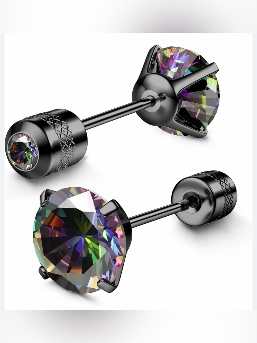 BlackTitanium Screw Back Earrings with Rainbow Color Crystal Gem Hypoallergenic